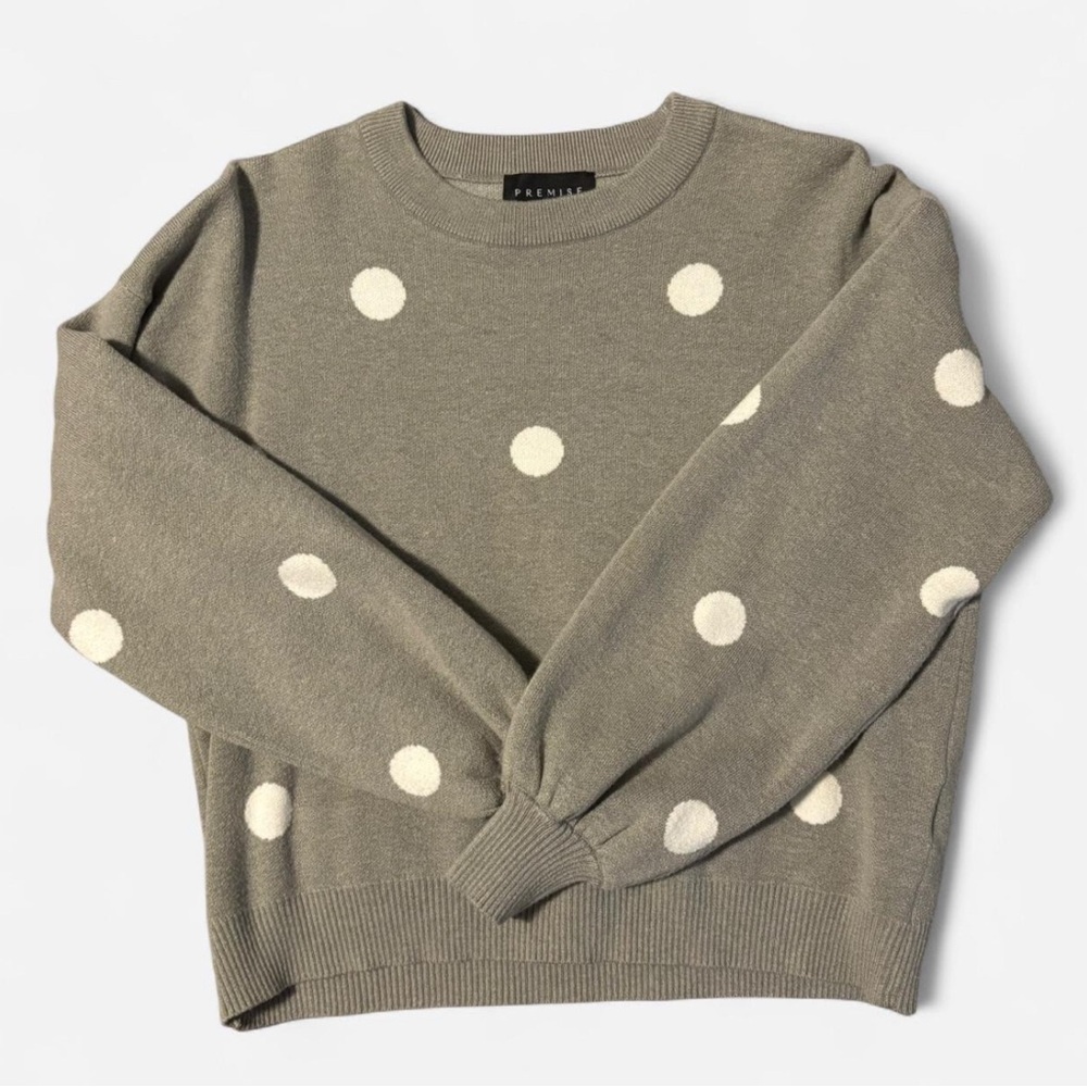 Premise Gray/Green and White Crewneck Sweater with Polka Dots